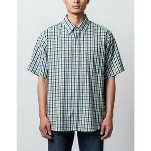 Lands End Mens Short Sleeve Button-Down Shirt Green & Blue Plaid Cotton Size M 1